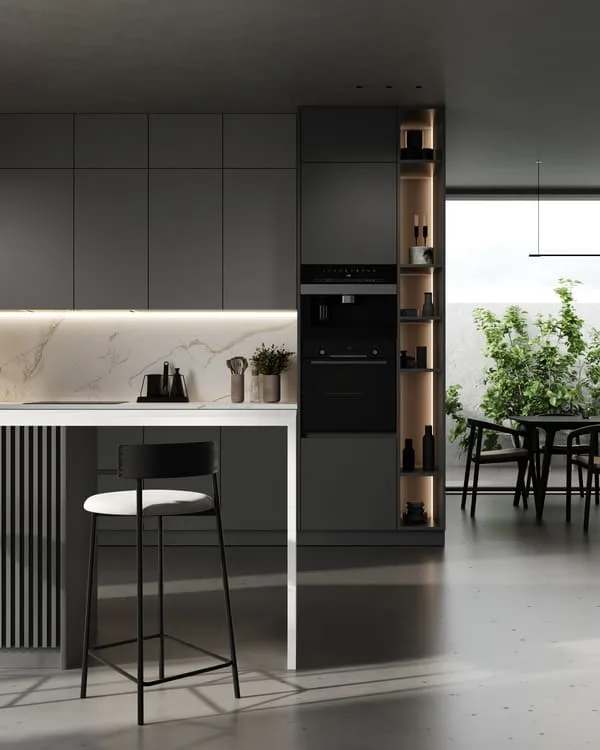 Representación en 3D de una cocina moderna en tonos gris oscuro con mobiliario minimalista
